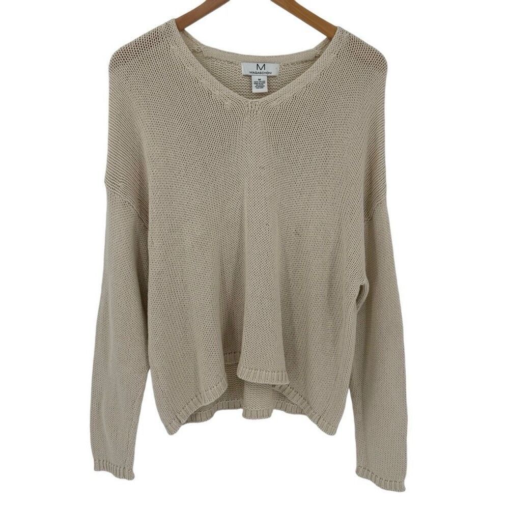 M Magaschoni V-Neck Long Sleeve Sweater 100% Cotton Cream Women Medium‎